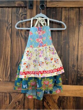Matilda Jane girls sz 14 halter top apron front floral blue purple green red EUC